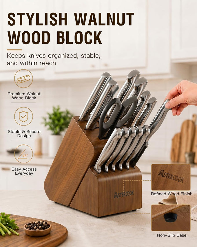 Astercook Knife Set 15 Piece German Steel Kitchen Knife Block Set