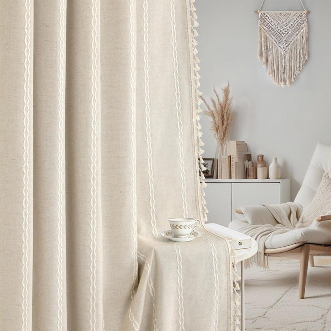 Boho 100% Blackout Curtains 84 Inch 2 Panels Linen Blend Beige