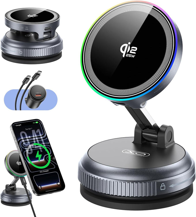 Magnetic Car Mount Charger,25W Fast Wireless Charging Stand with RGB Light