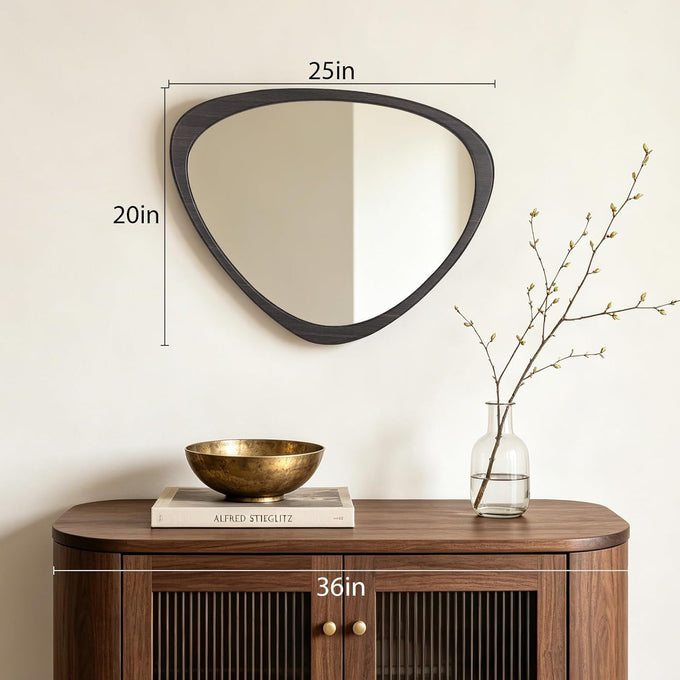 HOMECOOKIN 25 x 20 Asymmetrical Mirror, Irregular Wooden Wall Mirror for Bedroom, Living Room,Entryway– Mid-Century Modern Decorative Mirror, Solid Wood Frame, Pebble Shaped Design (Dark Brown)