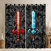 Castle Fairy Red Blue Sword Bedroom Decor Curtains,Sandbox Building Games Window Curtain,Kids Teens Pixelated Style Swords Window Treatment Grey Black Camo Blackout Drapes 2 Panels,52Wx90L