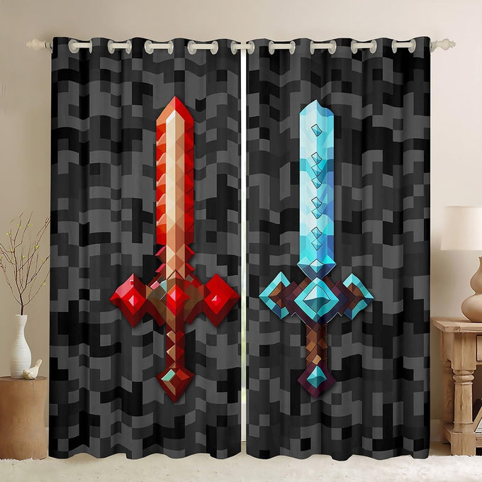 Castle Fairy Red Blue Sword Bedroom Decor Curtains,Sandbox Building Games Window Curtain,Kids Teens Pixelated Style Swords Window Treatment Grey Black Camo Blackout Drapes 2 Panels,52Wx90L