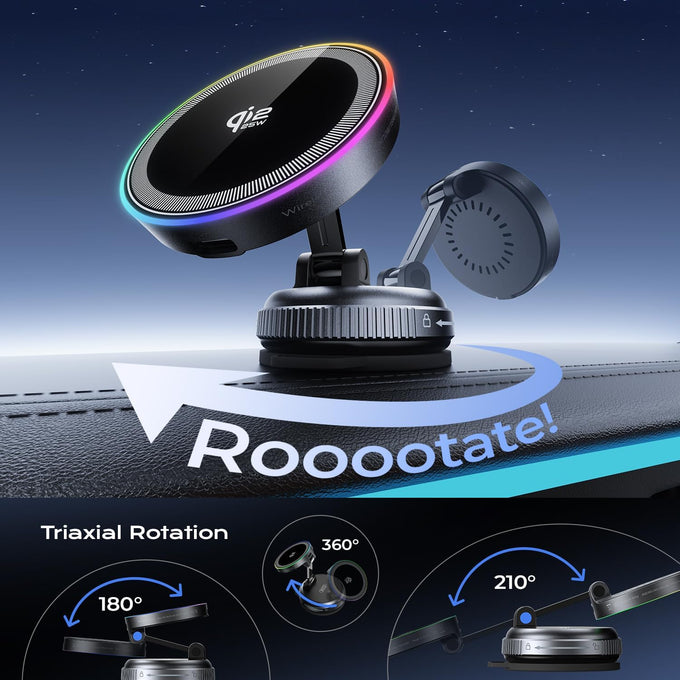 Magnetic Car Mount Charger,25W Fast Wireless Charging Stand with RGB Light