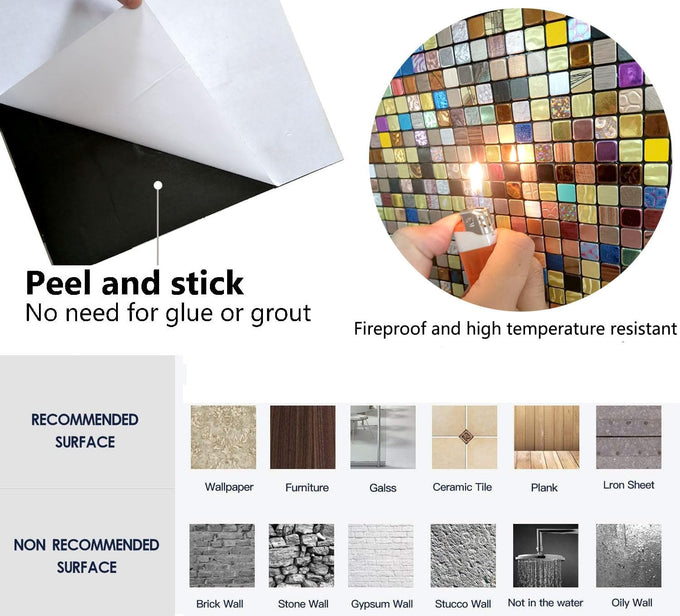 10 Sheets Peel and Stick Backsplash Tile, Self-Adhesive Mosaic Tile, Stick on Kitchen, Bathroom Vanities, Fireplace Décor, Laundry Table (1.0 Mixed Colors)