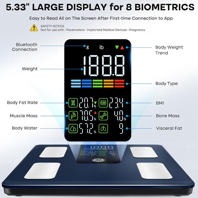GE Smart Scale for Body Composition, Weight, BMI, 500lb, Large 11.8-Inch