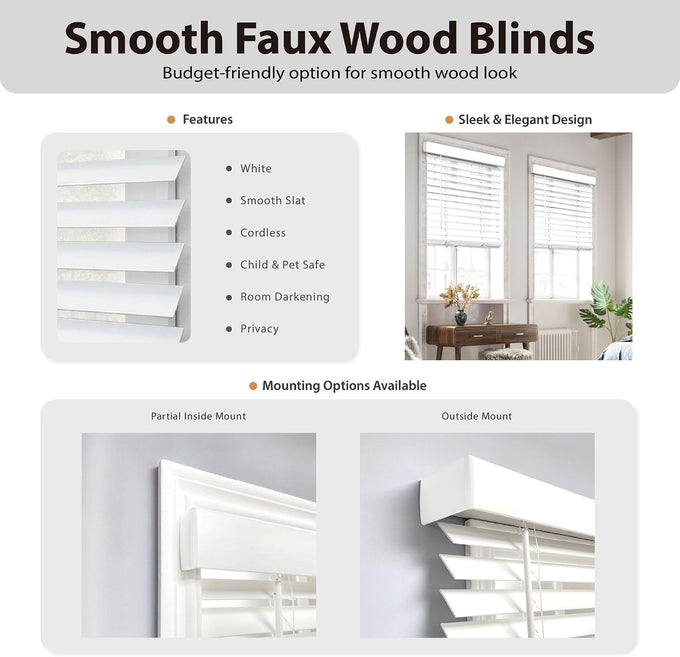 DEZ FURNISHINGS Cordless 2" Smooth Faux Wood Blind, 36" W x 60" H, Smooth White