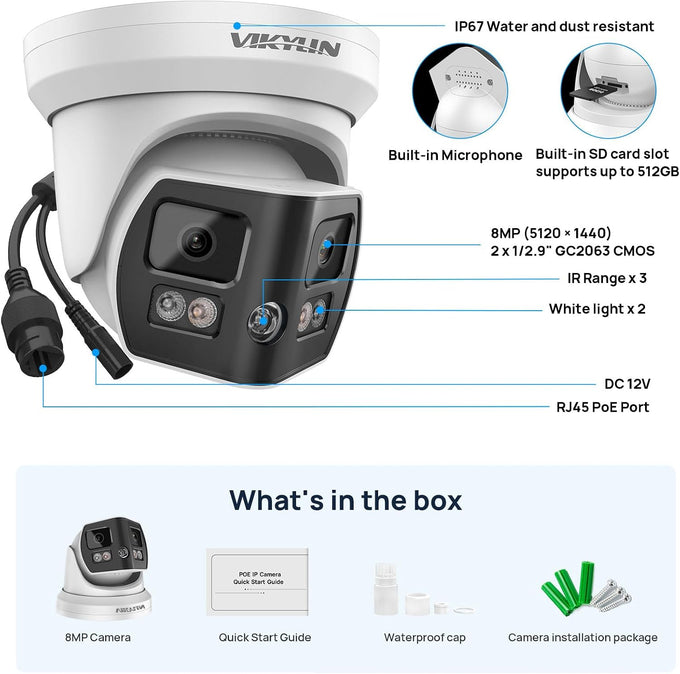 VIKYLIN 4K 8MP Dual Lens PoE IP Security Camera with 180° Panoramic Angle