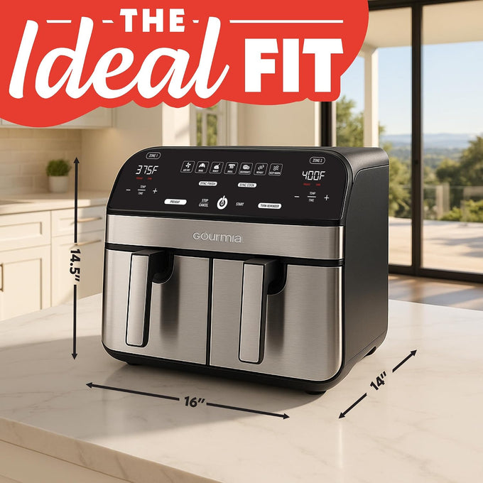 Gourmia Air Fryer - 10 Qt Dual Basket Capacity, Stainless Steel