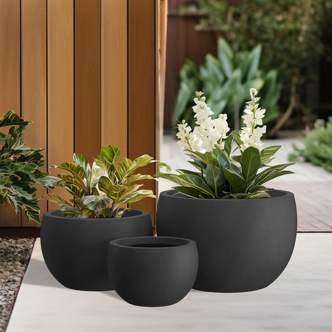 Kante Set of 3 Black Concrete Bowl Planters 20" 15.7" 11.8" Dia