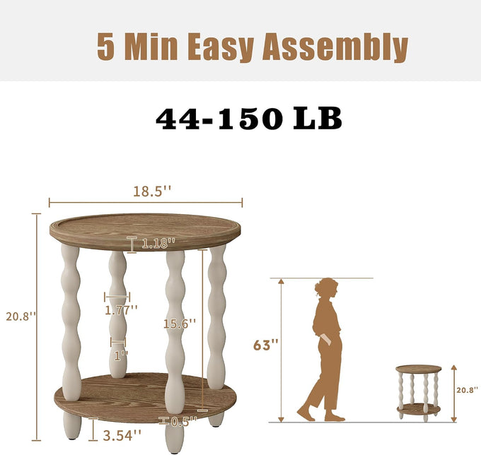 karlott Round Side Table, 2-Tier Farmhouse End Tables Living Room, Beige