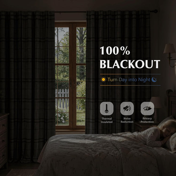 DriftAway 100% Blackout Plaid Linen Chenille Curtains 90 Inches Black