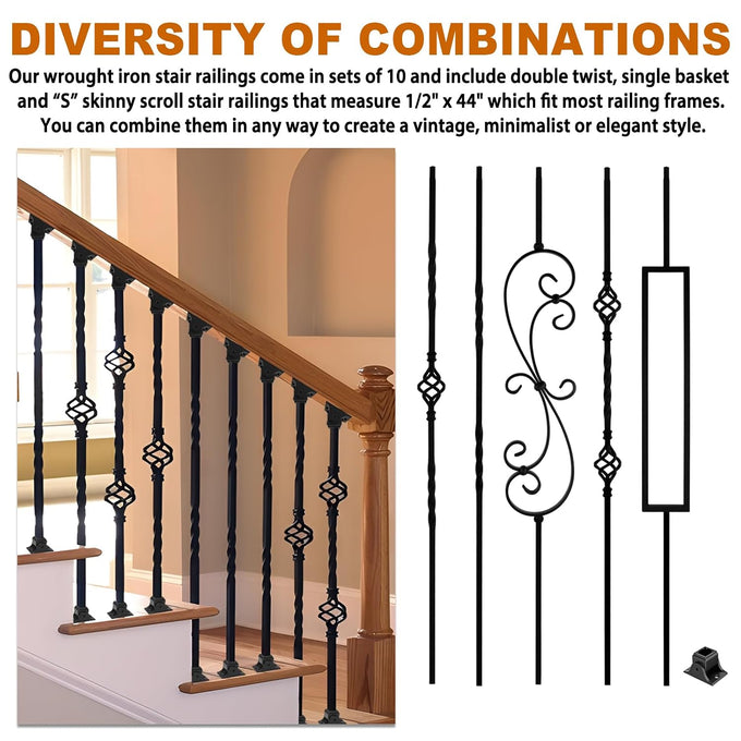 10 Pack Wrought Iron Balusters, 44" Balusters for Staircase Interior