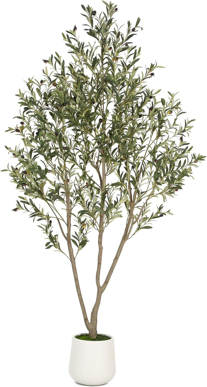 VIVATREES Olive Trees Artificial Indoor, 7FT Tall Faux Olive Tree with White Tall Planter, Artificial Plants with Natural Wood Trunk and Lifelike Fruits for Home Office Decor