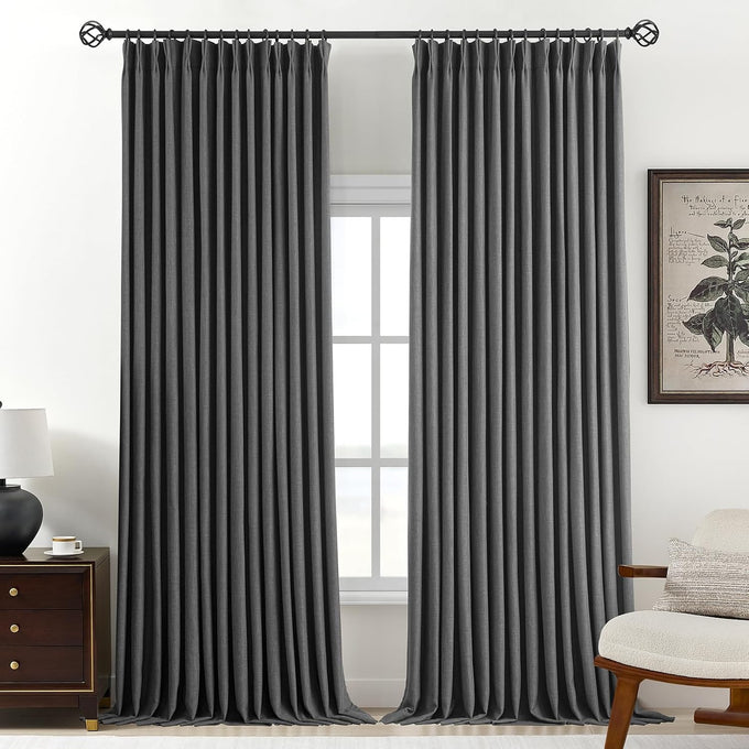 AUSSPVOCT Pinch Pleated 90 Inch Linen Curtains 100% Blackout for Bedroom
