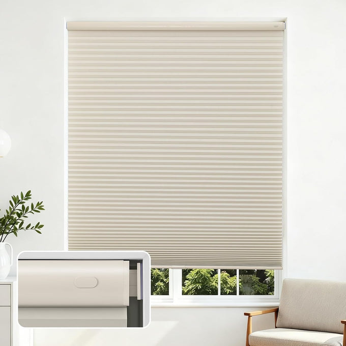 Joydeco No Drill Light Filtering Cellular Shades, 35" W x 64" H, Beige