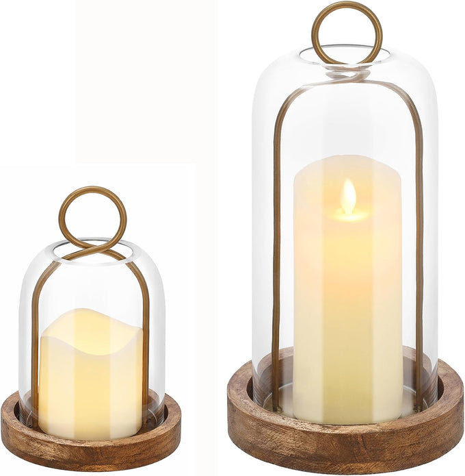 16" High Versatile Vintage Brass Metal Candle Holder with Handmade Sturdy Glass Dome and Natural Wooden Base for Pillar Candle & Plants, Industrial, Farmhouse, Shabby Chic, Display Cloche Bell Jars