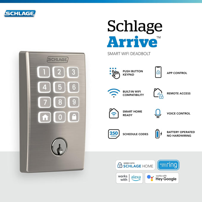 Schlage Arrive Smart WiFi Deadbolt Lock with Remsen Trim, Satin Nickel