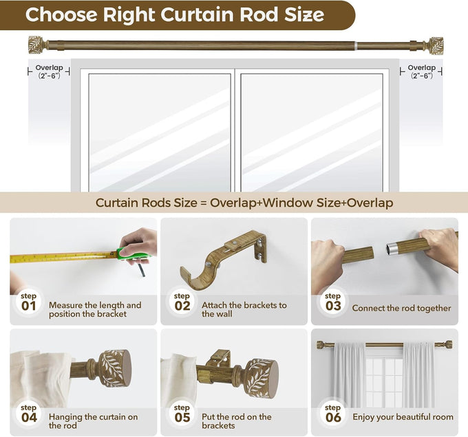 2 Pack Boho Wood Curtain Rods for Windows 32 to 150 Inch, 1" Adjustable Heavy Duty Curtain Rod with Imitation Wooden Grain Leaf Finials, Rustic Decorative Drapery Rods, Size 32"-150", Weathered Wood
