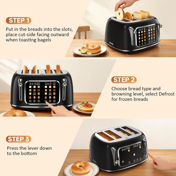Mecity 4 Slice Toaster, Wide Slot Retro Design, 120V 1650W, Jet Black