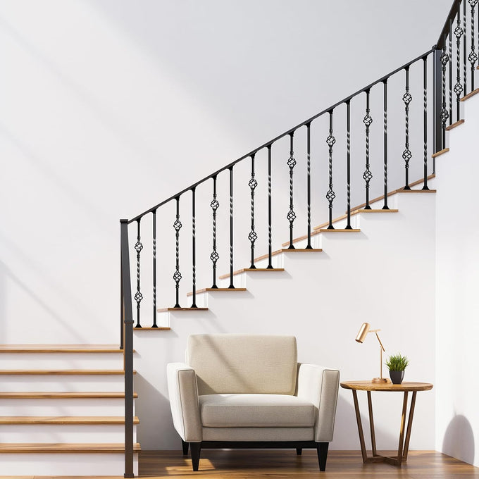 16 Pack Wrought Iron Balusters for Staircase Interior, 1/2" x 44" Hollow Deck Spindles Stair Railing Indoor with 32 Fixed Swivel Shoes, Metal Double Basket Decorative Stair - Matte Black