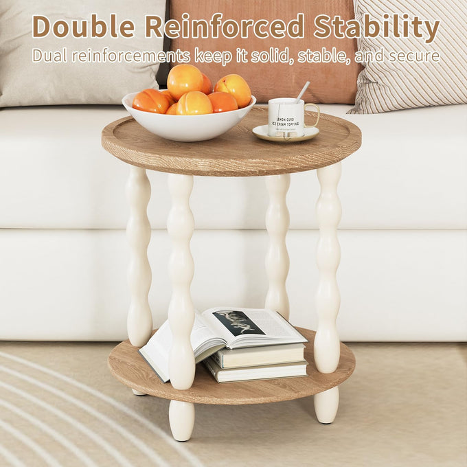 karlott Round Side Table, 2-Tier Farmhouse End Tables Living Room, Beige