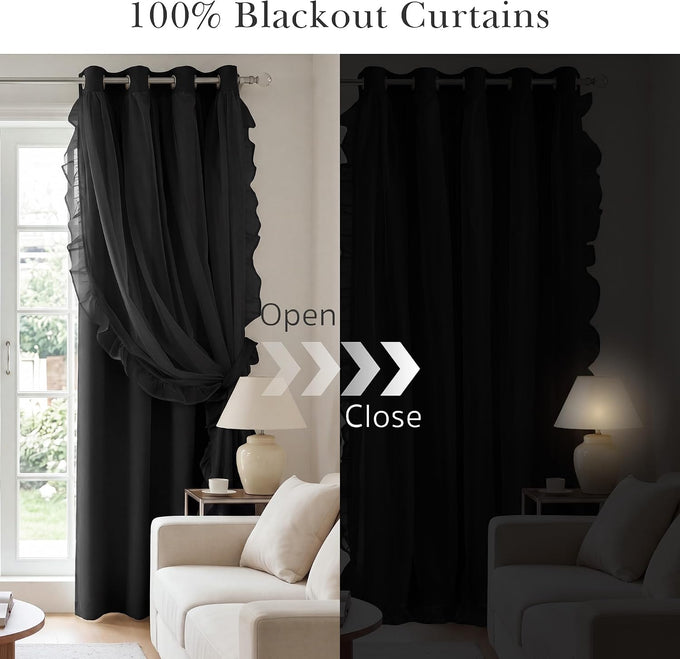 PONY DANCE 100% Blackout Black Curtains for Bedroom, W 52 x L96, 2 Panels