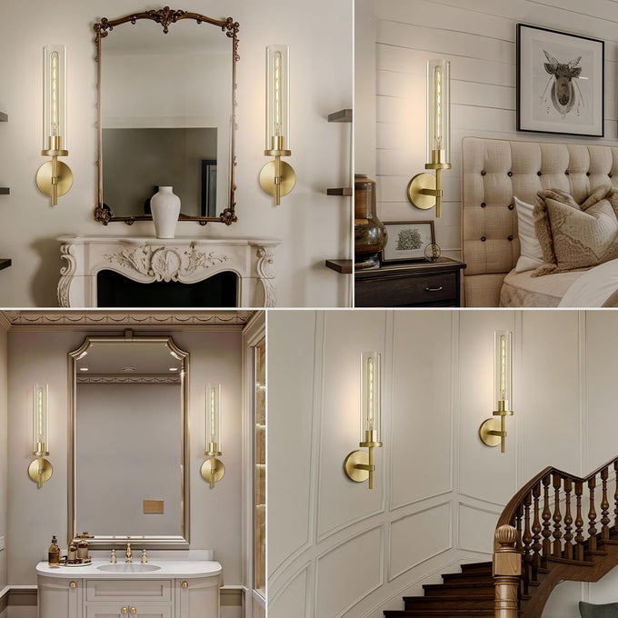 Antique Gold Wall Sconce 19.48" Modern Luxe Wall Lighting with Clear Glass Tube, Living Room Bedroom Bathroom Mirror Sconces, Staircase Decor Hallway Lamp Fixture(Including Bulb)