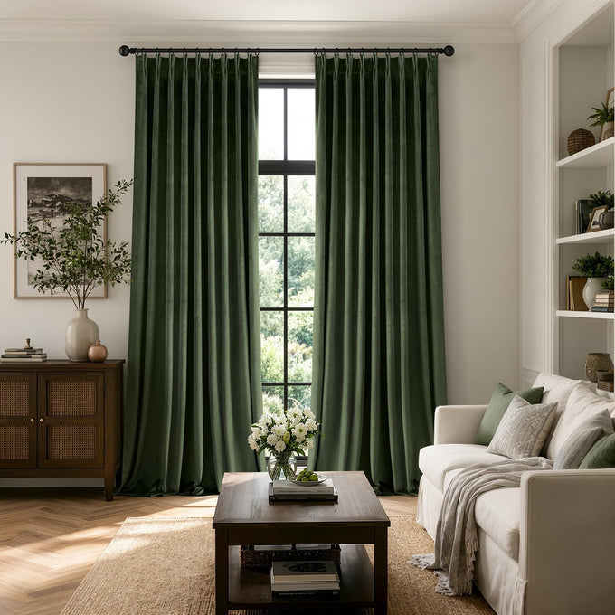 MIULEE Velvet Pinch Pleated Extra Wide Olive Green Blackout Curtains 60x84