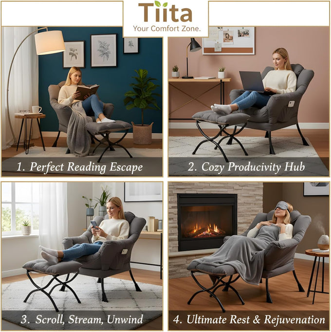 Tiita Lazy Chair with Ottoman, Comfy Reading Accent Chair, Dark Grey