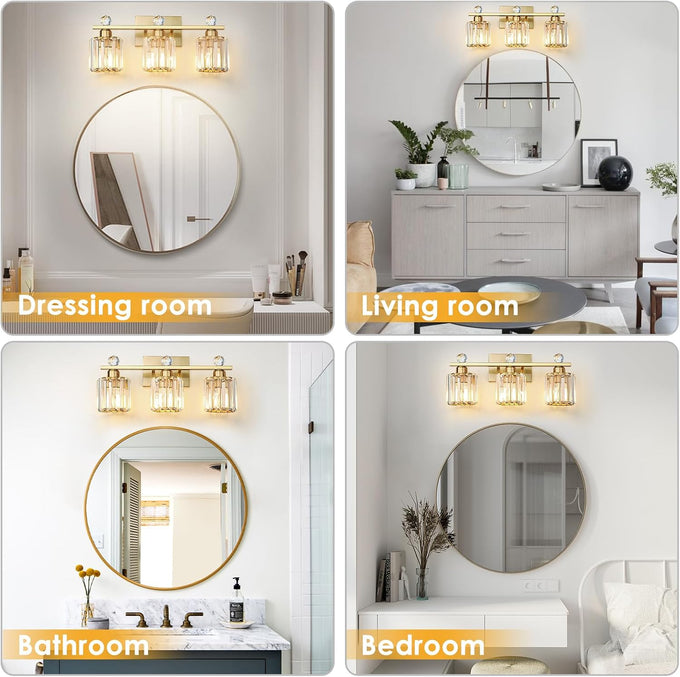 3-Light Gold Bathroom Light Fixtures,Modern Bathroom Vanity Lights Fixture with Clear Crystal Glass Shade, Modern Crystal 3 Lights Wall Sconce for Mirror Bedroom Living Room