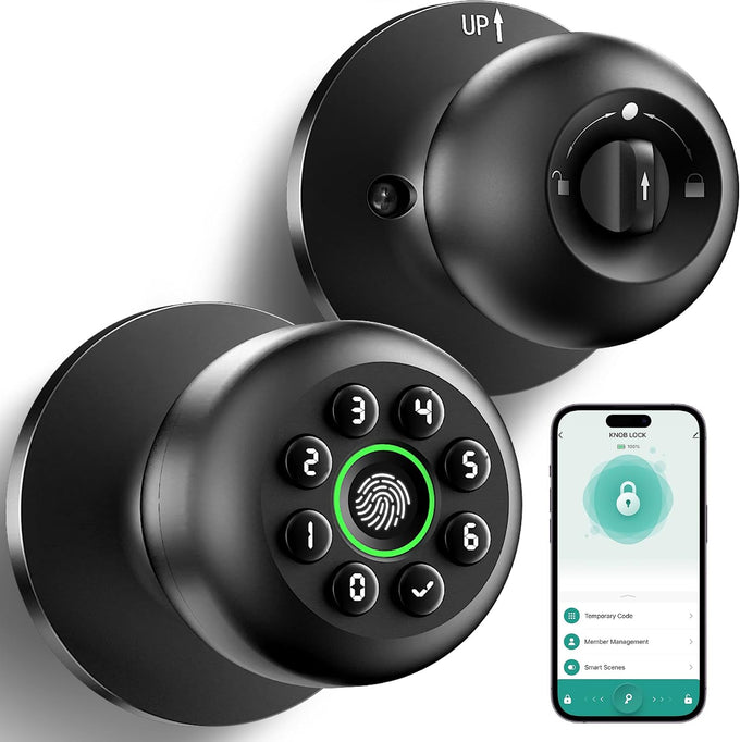 Smart Fingerprint Door Knob with Keypad, Fingerprint Door Lock, Matte Black