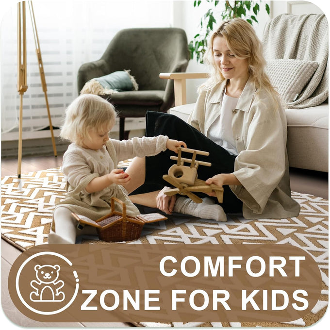 Ompaa Ultra Soft Shaggy Rugs Memory Foam Bedroom Carpet, Beige 7 x 10 Feet Large, Plush Geometric Textured Area Rugs for Living Room Couch Dorm Bedside Kids Girls Teens Room Nursery Decor Floor Mat