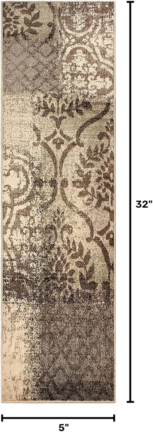 Superior Bristol Collection Area Rug, 8mm Pile Height with Jute Backing, Chic Geometric Damask Patchwork Design, Fashionable and Affordable Woven Rugs - 2'7" x 8' Runner, Beige & Brown