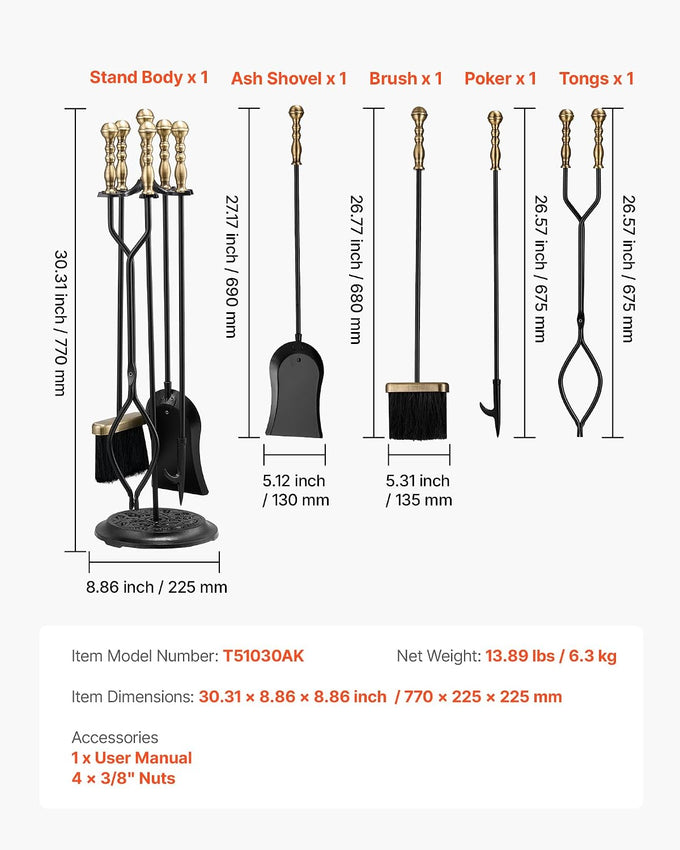 VEVOR Fireplace Tool Set, 5 PCS Fire Tool Set and Holder with Five-Prong Stand, Tongs, Ash Shovel, Brush, Fire Place Poker, Wrought Iron Fireplace Accessories for Indoor/Outdoor, Black & Brass