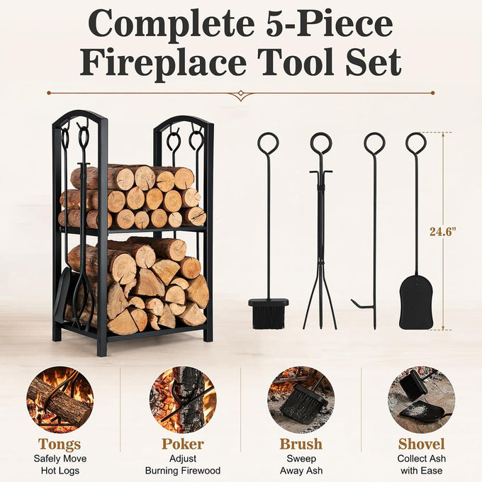 FEED GARDEN 29" Firewood Rack with 4-Piece Fireplace Tools, Indoor Outdoor