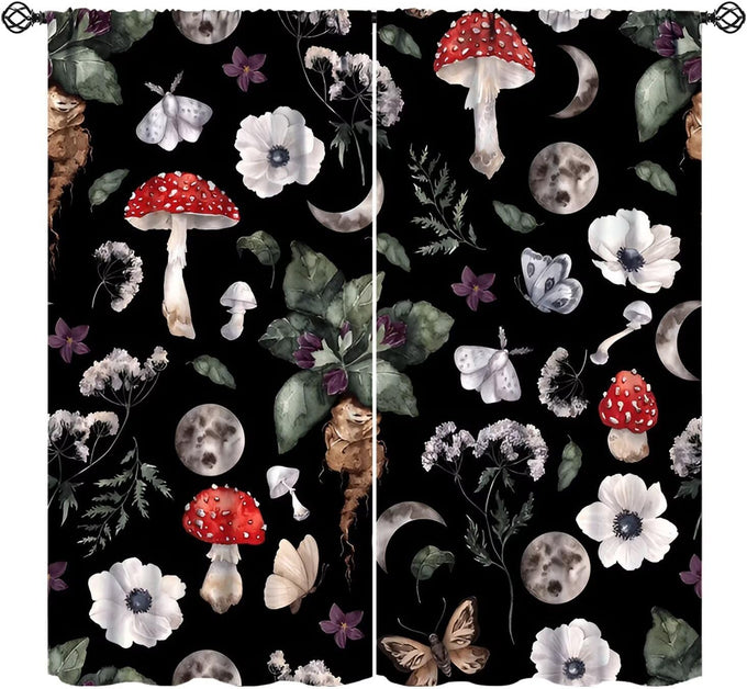 Vintage Botanical Curtains,Antique 1900s Plants Herbs Mushroom Blackout Window Drapes for Kitchen,Boho Retro Wildflower Green Leaf Ferns Farmhouse Window Treatment for Living Room 52x84in