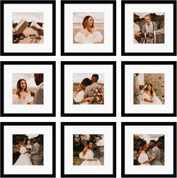 12x12 Picture Frame Set of 9, Display Pictures 8x8 with Mat or 12x12 without Mat, Multi Collage Gallery Square Photo Frames for Wall or Tabletop, Black