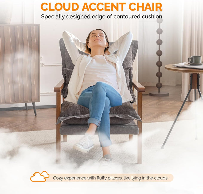 VINGLI Mid-Century Modern Cloud Accent Armchair with Lumbar Pillow, 6.3'' Thick Seat Cushion Comfortable Reading Chair with Wooden Armrests，Boho Lounge Chair for Bedroom, Living Room, Chenille, Grey