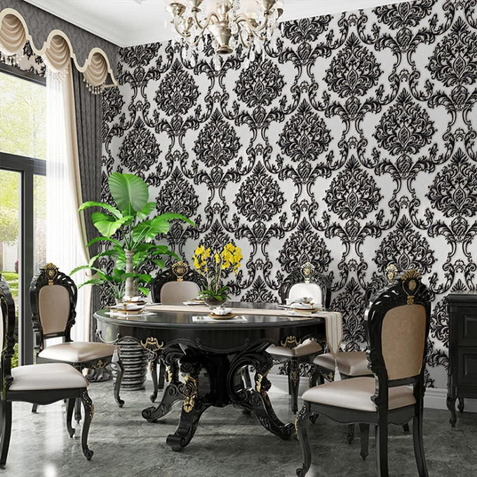 Q QIHANG Luxury Damask 3D Vinyl PVC Embossed Wallpaper Roll, Black Silver