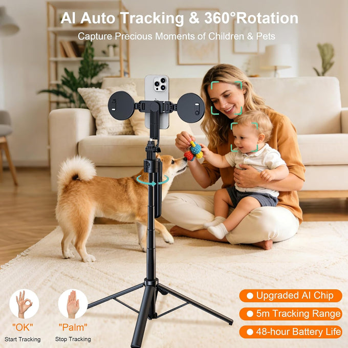 71” Auto Face Tracking Tripod for iPhone with 2 Lights 360° Rotating Stand