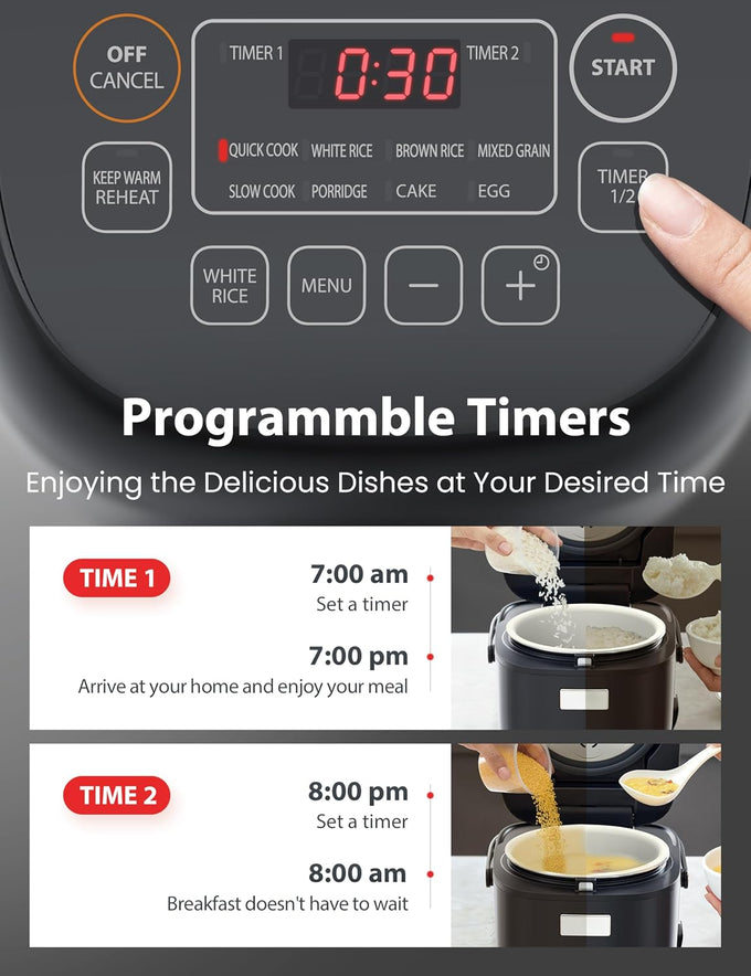 TOSHIBA Small Rice Cooker, 3-Cup Uncooked, for 1-3 People, LCD Display, 8 Cooking Functions, Nonstick Inner Pot, Grey