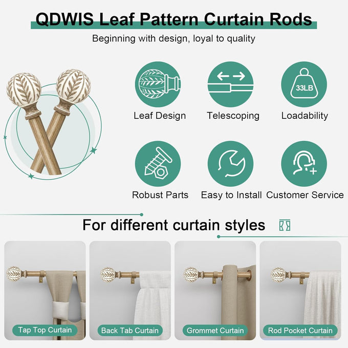 QDWIS 2 Pack Boho Wood Curtain Rods for Windows 48 to 84 inch,1" Adjustable Heavy Duty Window Curtain Rod with Imitation Wood Grain Finials,Rustic Decorative Drapery Rods Set 36-88'',Weathered Wood