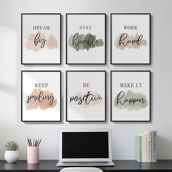 Framed Inspirational Positive Neutral Wall Art for Office, 6 Piece 11x14 In
