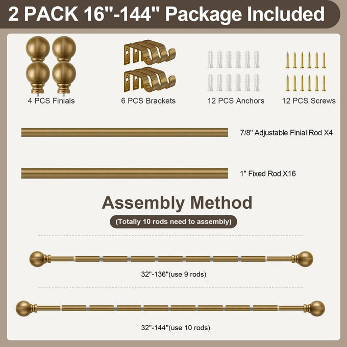 2 Pack Warm Gold Curtain Rods Double for Windows 72 to 144 Inch Extra Long