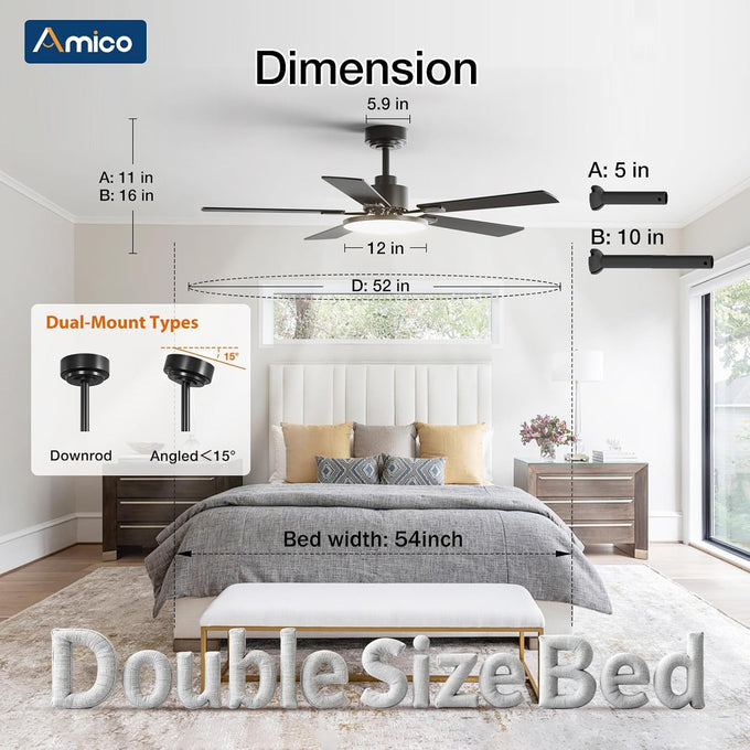 Amico 52 Inch Smart Ceiling Fans with Lights, Downrod Mount, Black