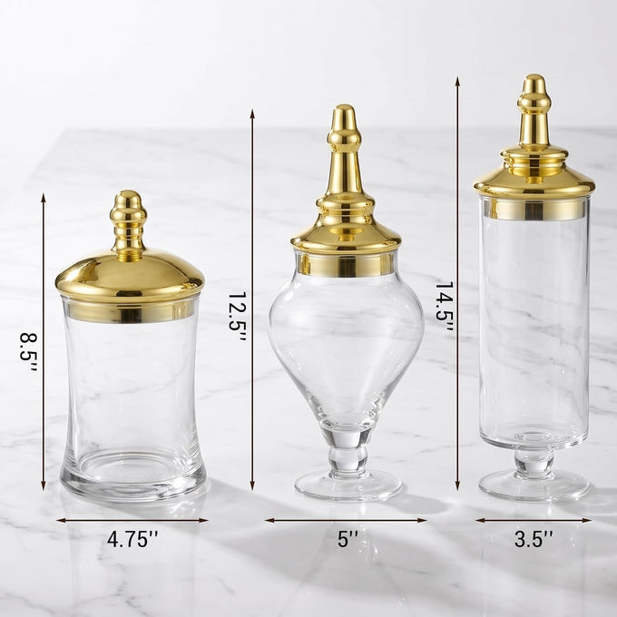MyGift 3 Piece Clear Glass Apothecary Jars with Metallic Brass Tone Lids