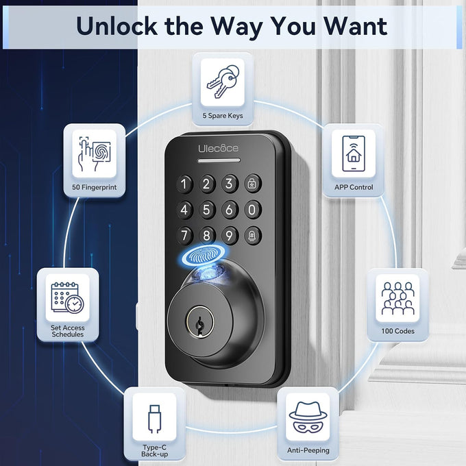 Ulecoce U68 Fingerprint Keypad Deadbolt with Knob Set, Matte Black