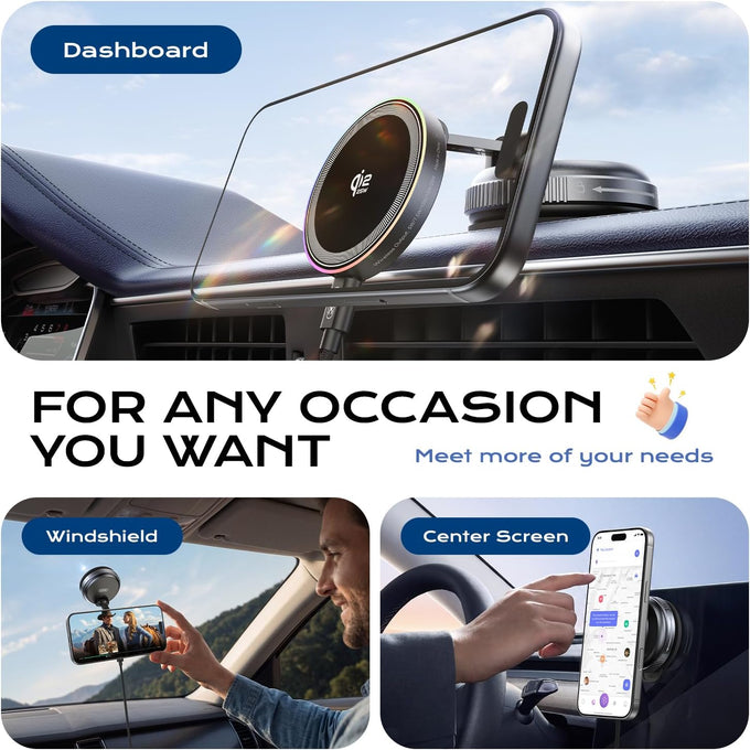 Magnetic Car Mount Charger,25W Fast Wireless Charging Stand with RGB Light