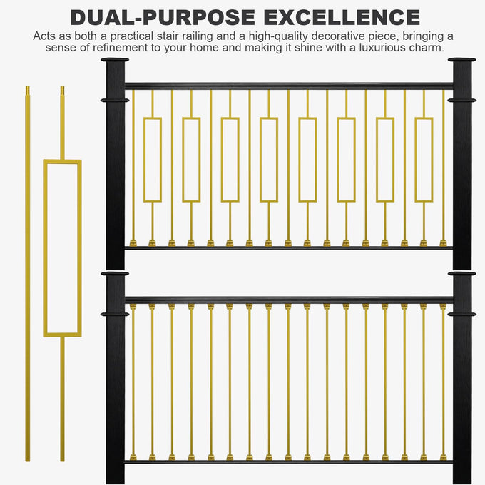 Glossy Gold Wrought Iron Stair Plain Balusters for Interior, 1/2" X 44" Square Metal Spindles for Stairs, Upgrade and Decorate Stairs (10)