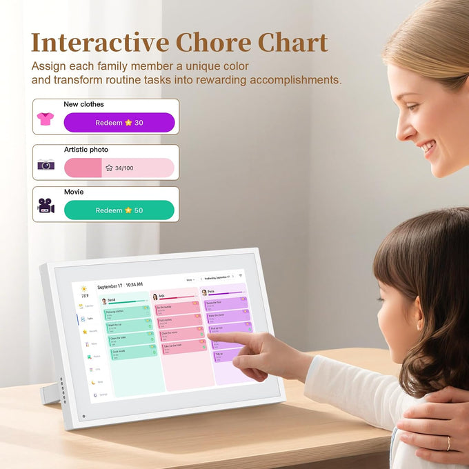 Smart Digital Calendar,10.1"HD Touchscreen Electronic Desk Calendar & Chore Chart, Touchscreen Interactive Display for Family Schedules with Meal Planner & Picture Frame & Lists